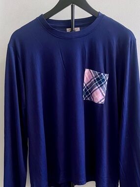 Long Sleeve Navy Tee with Pink Plaid Chest Pocket Pajama Shirt.